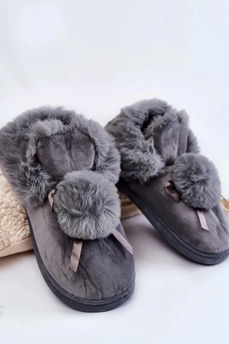 Online Damskie Wsuwane Futrzane Papcie Z Pomponem Szare Noemi Damskie Kapcie Klasyczne