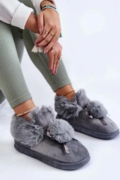 Online Damskie Wsuwane Futrzane Papcie Z Pomponem Szare Noemi Damskie Kapcie Klasyczne