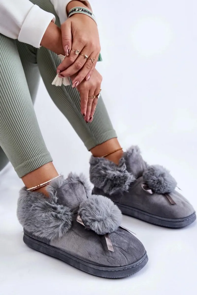 Online Damskie Wsuwane Futrzane Papcie Z Pomponem Szare Noemi Damskie Kapcie Klasyczne