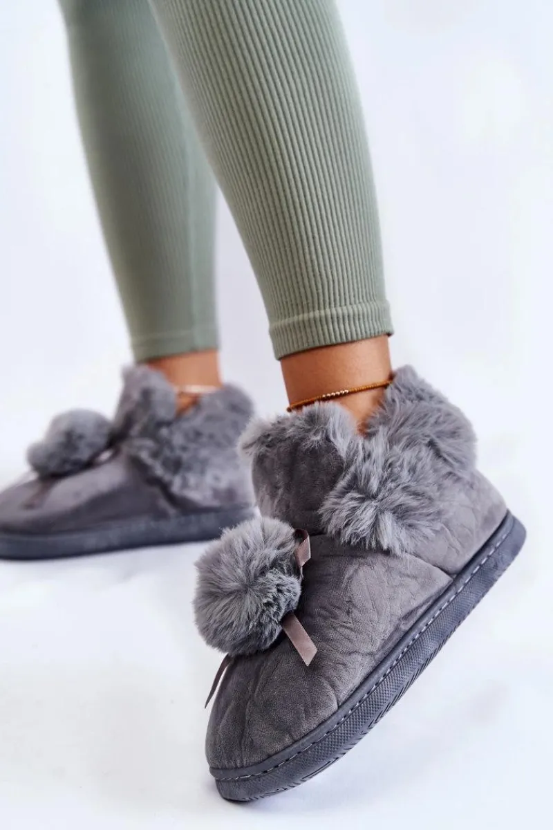 Online Damskie Wsuwane Futrzane Papcie Z Pomponem Szare Noemi Damskie Kapcie Klasyczne