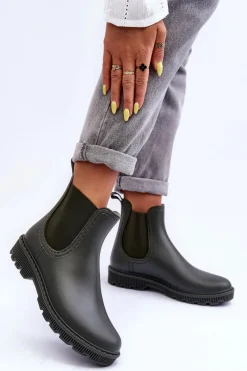 Hot Damskie Wsuwane Matowe Kalosze Ciemnozielone Helinca Damskie Kalosze Damskie|Botki Płaskie