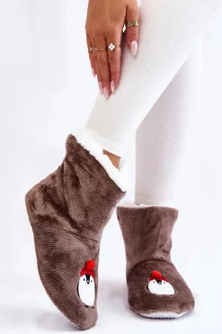 Outlet Aura.via Damskie Wsuwane Ocieplane Papcie Z Pingwinami Ciemnoszare