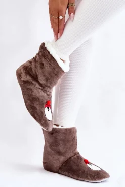 Outlet Aura.via Damskie Wsuwane Ocieplane Papcie Z Pingwinami Ciemnoszare