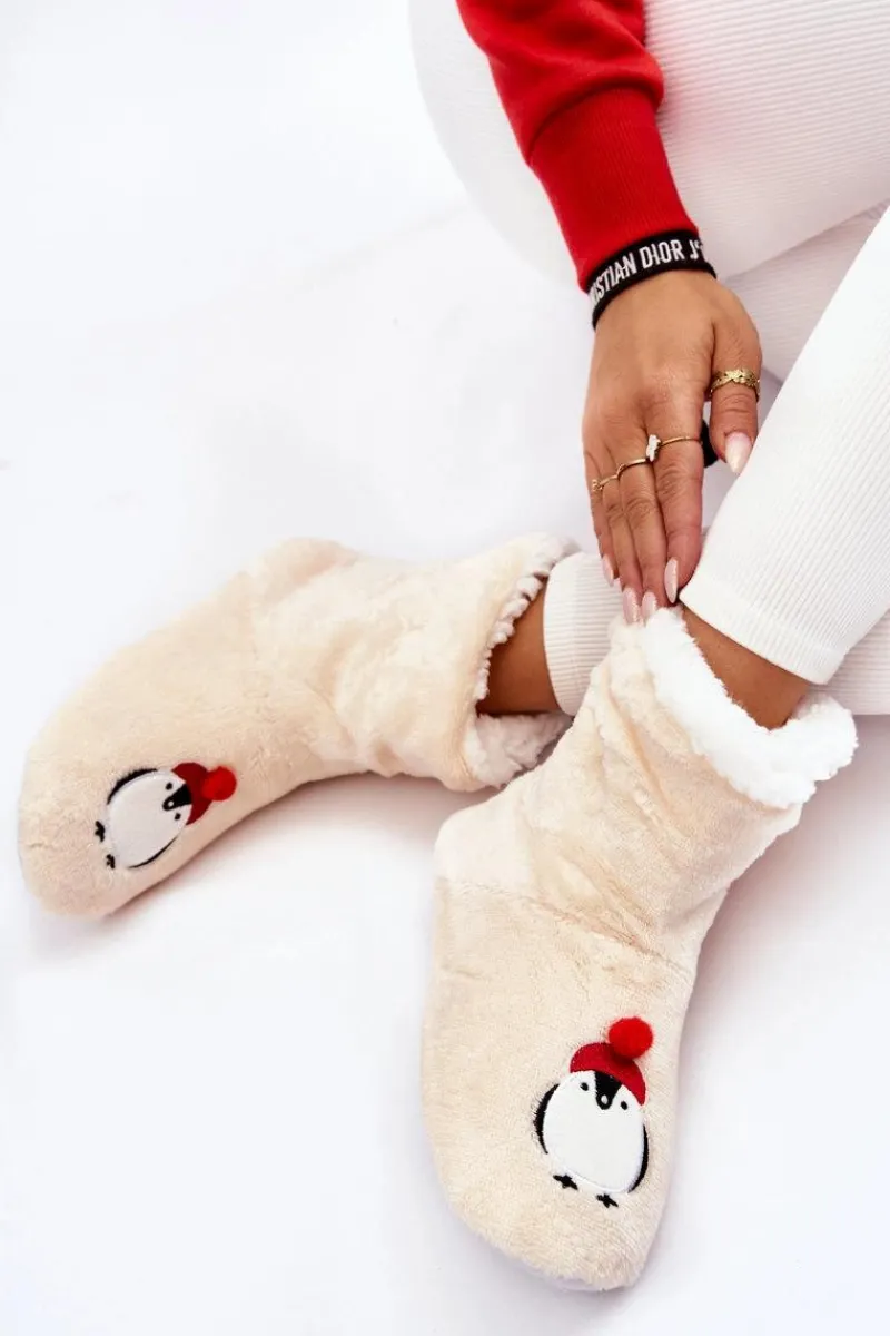 Hot Aura.via Damskie Wsuwane Ocieplane Papcie Z Pingwinami Kremowe