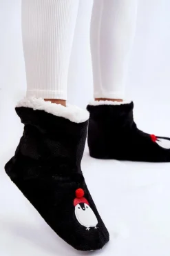 Kapcie Klasyczne>Aura.via Damskie Wsuwane Ocieplane Papcie Z Pingwinami Czarne