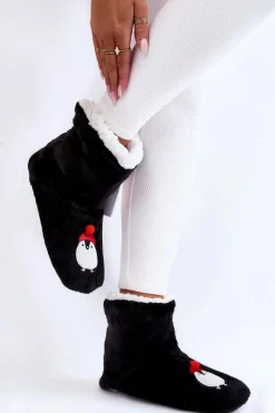 Kapcie Klasyczne></noscript>Aura.via Damskie Wsuwane Ocieplane Papcie Z Pingwinami Czarne