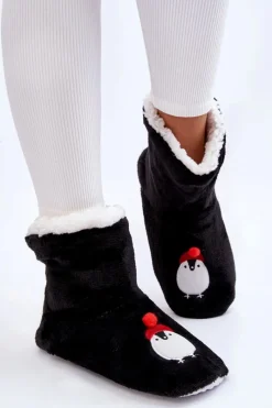 Kapcie Klasyczne></noscript>Aura.via Damskie Wsuwane Ocieplane Papcie Z Pingwinami Czarne