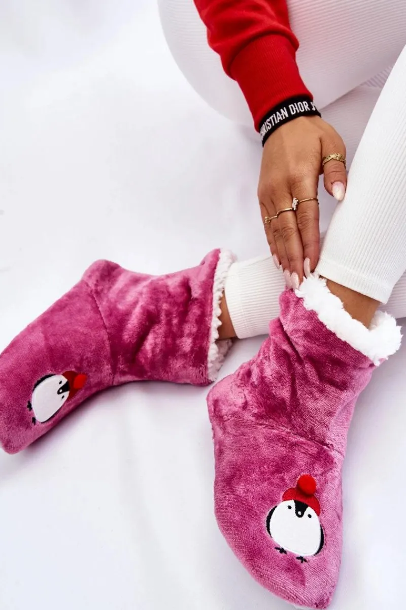 Damskie Wsuwane Ocieplane Papcie Z Pingwinami Fioletowe Damskie Kapcie Klasyczne