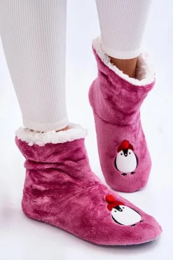 Damskie Wsuwane Ocieplane Papcie Z Pingwinami Fioletowe Damskie Kapcie Klasyczne