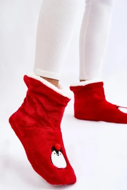 Kapcie Klasyczne></noscript>Aura.via Damskie Wsuwane Ocieplane Papcie Z Pingwinami Czerwone