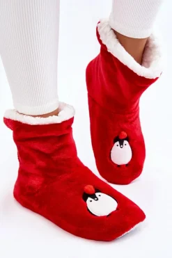 Kapcie Klasyczne></noscript>Aura.via Damskie Wsuwane Ocieplane Papcie Z Pingwinami Czerwone