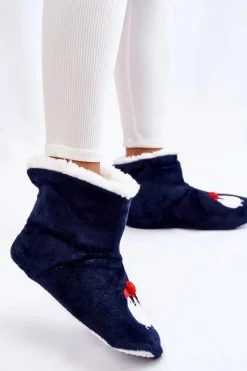 Best Damskie Wsuwane Ocieplane Papcie Z Pingwinami Granatowe Damskie Kapcie Klasyczne