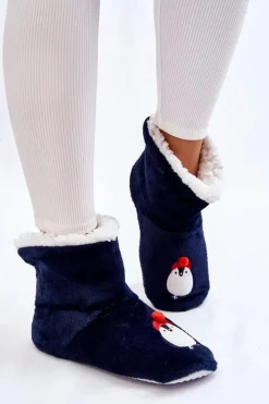 Best Damskie Wsuwane Ocieplane Papcie Z Pingwinami Granatowe Damskie Kapcie Klasyczne