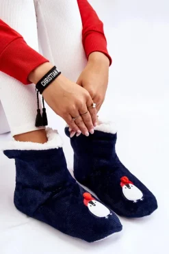 Best Damskie Wsuwane Ocieplane Papcie Z Pingwinami Granatowe Damskie Kapcie Klasyczne