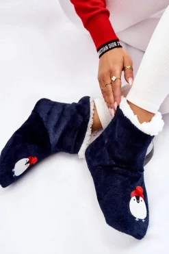 Best Damskie Wsuwane Ocieplane Papcie Z Pingwinami Granatowe Damskie Kapcie Klasyczne