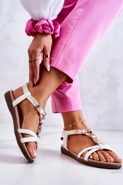 Sandały Płaskie>Boto Damskie Wsuwane Sandały Z Ozdobą Białe Salinna