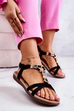 Sale Boto Damskie Wsuwane Sandały Z Ozdobą Czarne Salinna