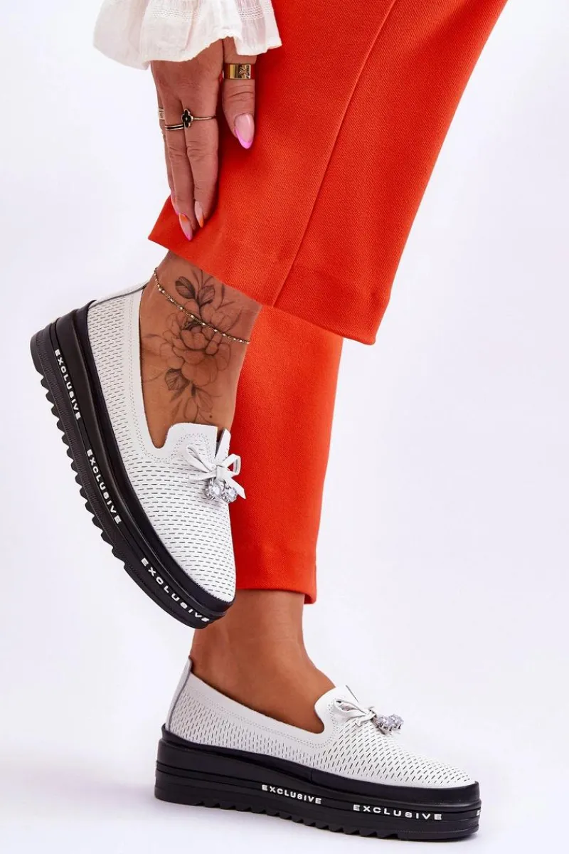 Trampki Damskie Slip-On|Trampki Damskie Niskie>Damskie buty S.Barski Damskie Wsuwane Skórzane Trampki Białe Raven