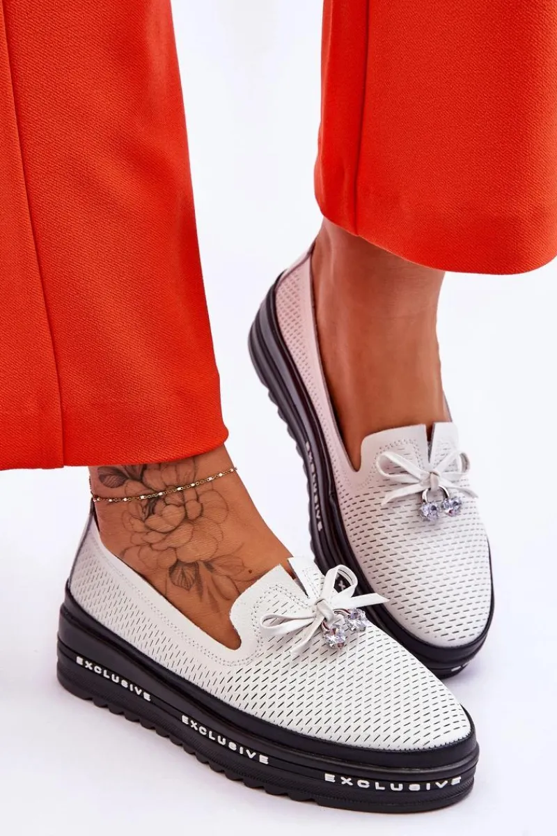 Trampki Damskie Slip-On|Trampki Damskie Niskie>Damskie buty S.Barski Damskie Wsuwane Skórzane Trampki Białe Raven