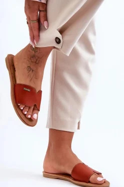 Discount Damskie Wygodne Klapki Na Płaskim Obcasie Brązowe Coraline Damskie Klapki Damskie Klasyczne