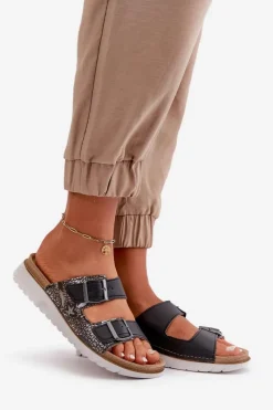 Online Damskie Wygodne Klapki Z Klamrami CN000033 Czarne Damskie Klapki Damskie Klasyczne