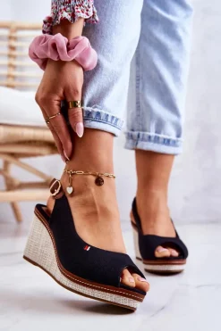 Hot Damskie Wygodne Sandały Na Koturnie Czarne Thallas Damskie Sandały Na Koturnie