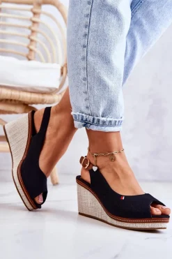 Hot Damskie Wygodne Sandały Na Koturnie Czarne Thallas Damskie Sandały Na Koturnie