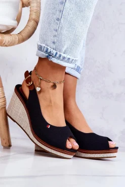 Hot Damskie Wygodne Sandały Na Koturnie Czarne Thallas Damskie Sandały Na Koturnie