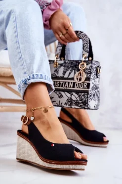 Hot Damskie Wygodne Sandały Na Koturnie Czarne Thallas Damskie Sandały Na Koturnie