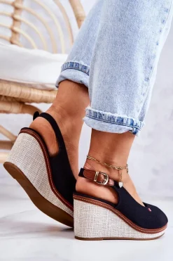 Hot Damskie Wygodne Sandały Na Koturnie Czarne Thallas Damskie Sandały Na Koturnie