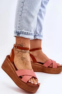 Sandały Na Koturnie>Boto Damskie Wygodne Sandały Na Koturnie Brązowo-Różowe Laurie