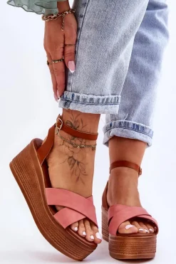 Sandały Na Koturnie>Boto Damskie Wygodne Sandały Na Koturnie Brązowo-Różowe Laurie