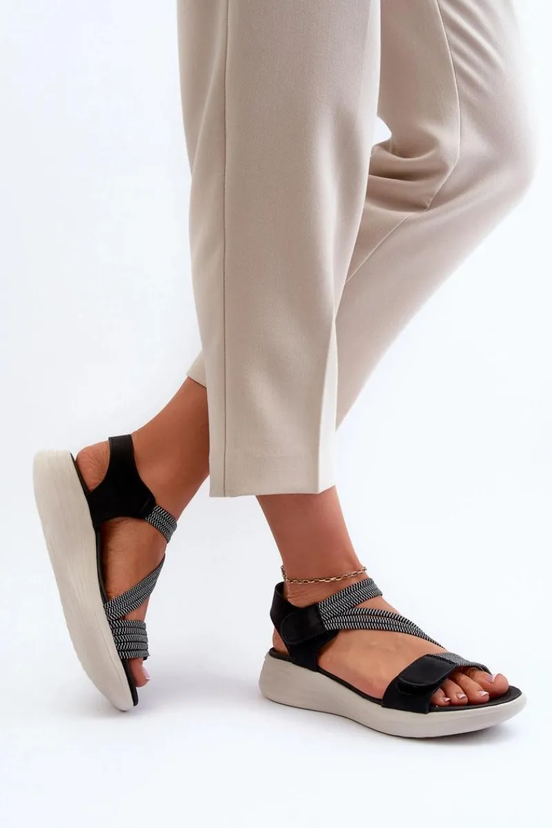 Sandały Płaskie>Evento Damskie Wygodne Sandały Na Rzep Czarne Eladora