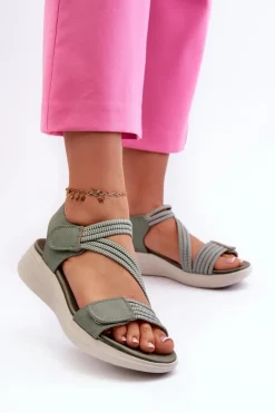 Sandały Płaskie>Evento Damskie Wygodne Sandały Na Rzep Zielone Eladora Zielony