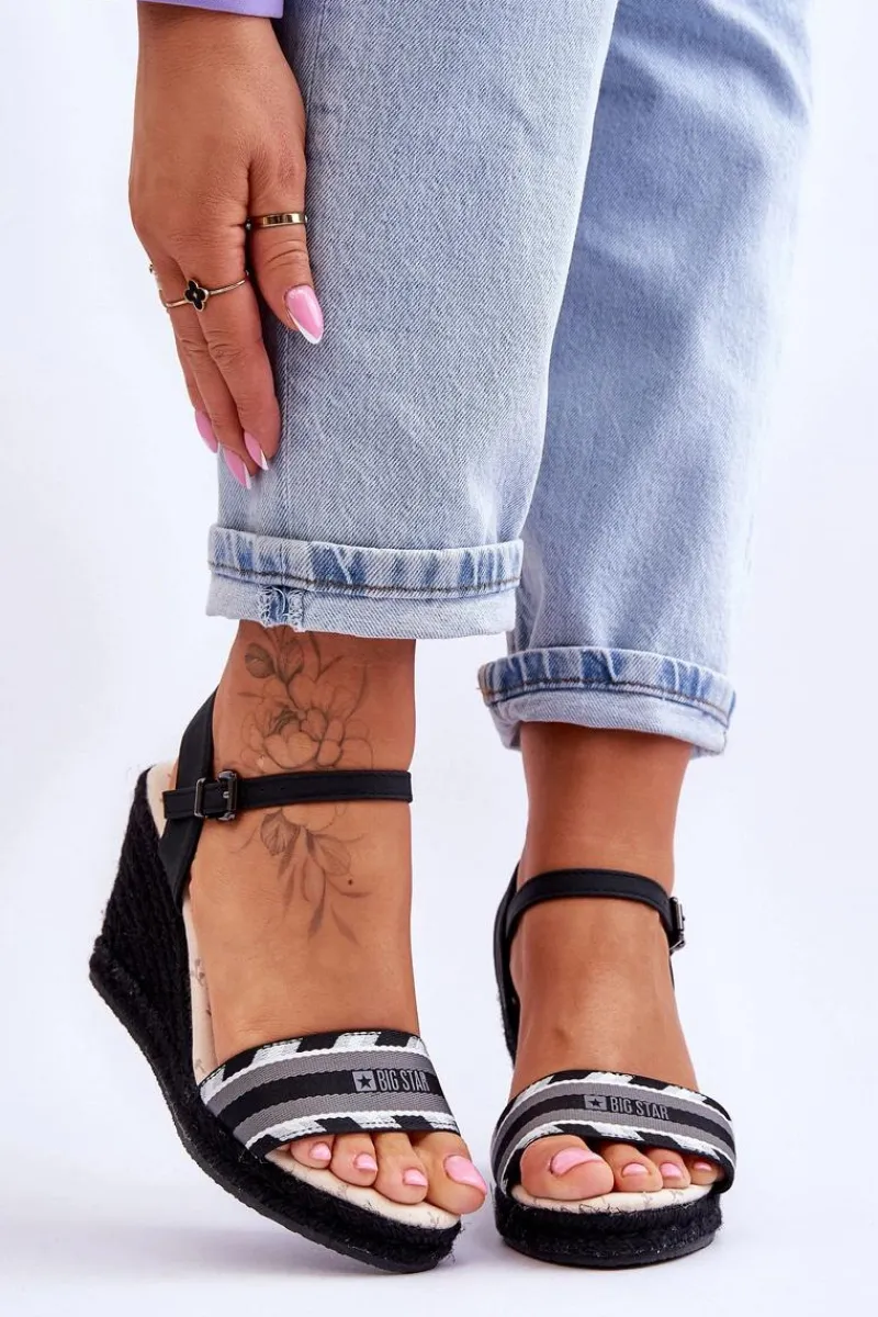 Sandały Big Star|Sandały Na Obcasie>Big Star Shoes Damskie Wygodne Sandały Na Koturnie Big Star LL274877 Czarne Czarny