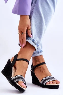 Sandały Big Star|Sandały Na Obcasie>Big Star Shoes Damskie Wygodne Sandały Na Koturnie Big Star LL274877 Czarne Czarny