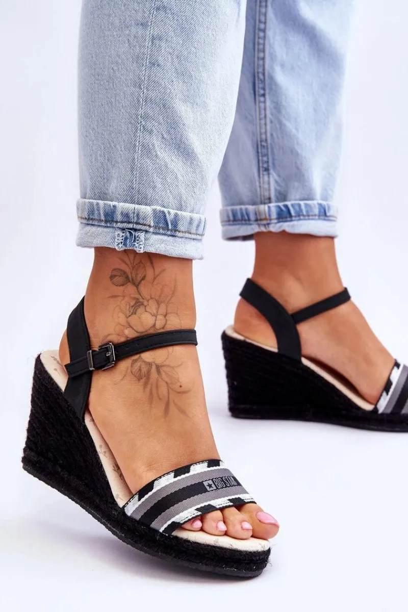 Sandały Big Star|Sandały Na Obcasie>Big Star Shoes Damskie Wygodne Sandały Na Koturnie Big Star LL274877 Czarne Czarny