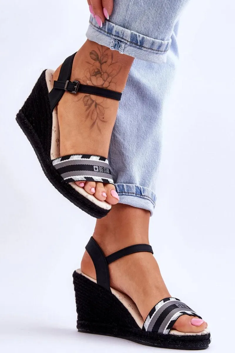 Sandały Big Star|Sandały Na Obcasie>Big Star Shoes Damskie Wygodne Sandały Na Koturnie Big Star LL274877 Czarne Czarny