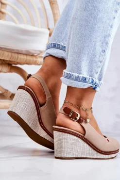 Outlet Damskie Wygodne Sandały Na Koturnie Ciemnobeżowe Thallas Damskie Sandały Na Koturnie