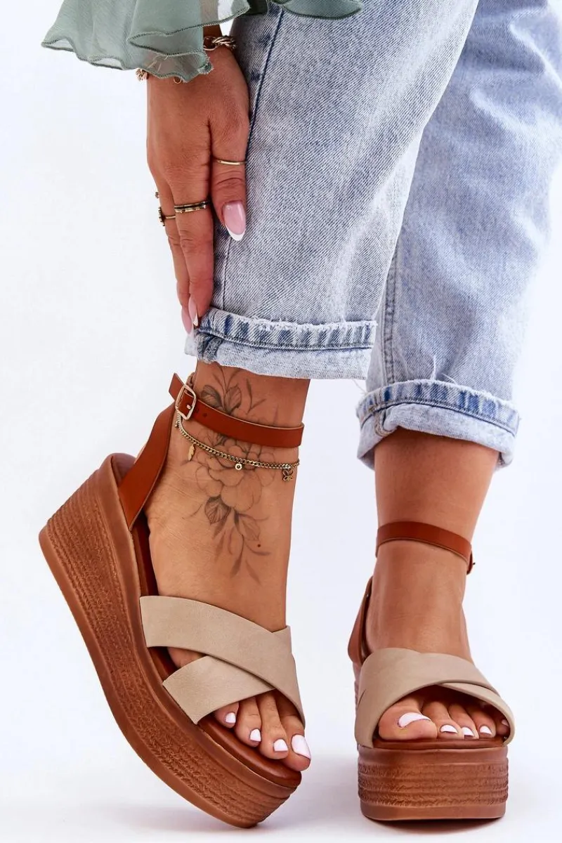 New Boto Damskie Wygodne Sandały Na Koturnie Brązowo-Beżowe Laurie