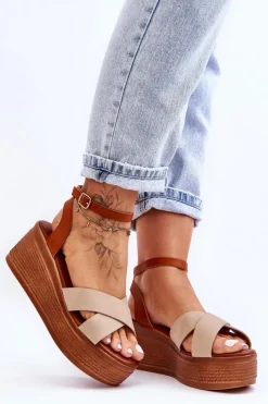 New Boto Damskie Wygodne Sandały Na Koturnie Brązowo-Beżowe Laurie