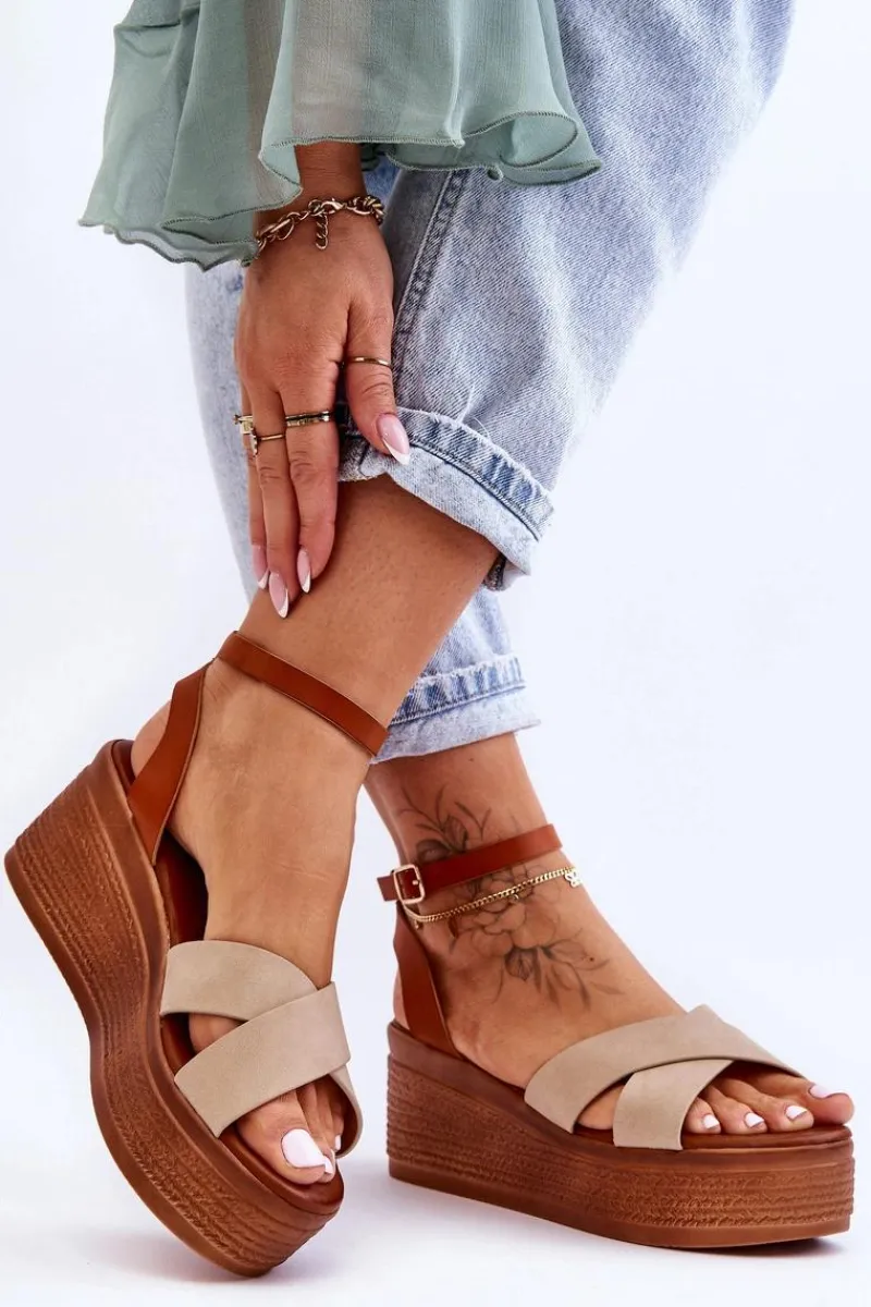 New Boto Damskie Wygodne Sandały Na Koturnie Brązowo-Beżowe Laurie