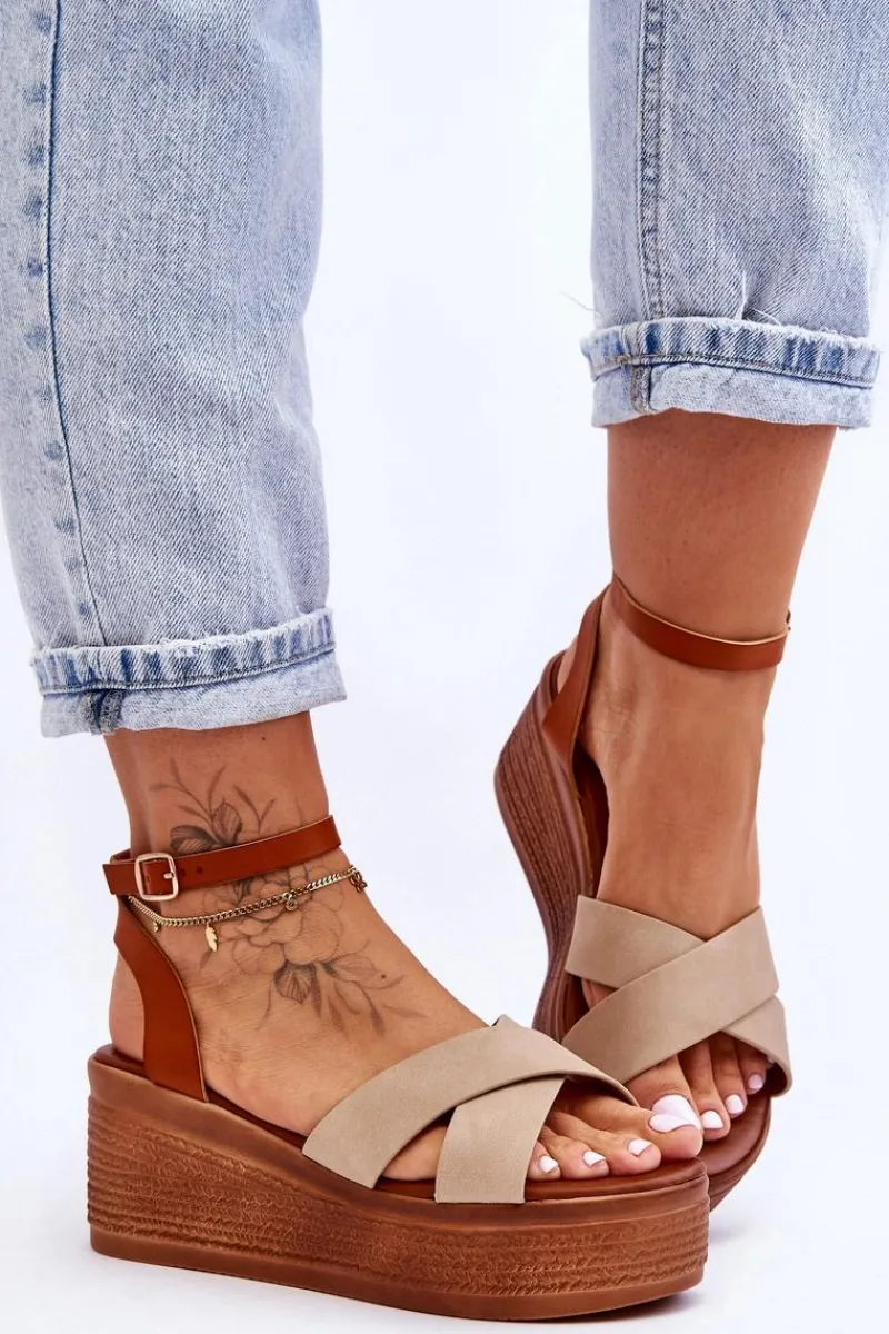 New Boto Damskie Wygodne Sandały Na Koturnie Brązowo-Beżowe Laurie