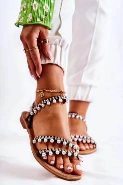 Sale Damskie Wygodne Sandały Z Ozdobami Czarne Nell Damskie Sandały Płaskie