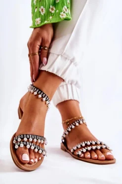 Sale Damskie Wygodne Sandały Z Ozdobami Czarne Nell Damskie Sandały Płaskie