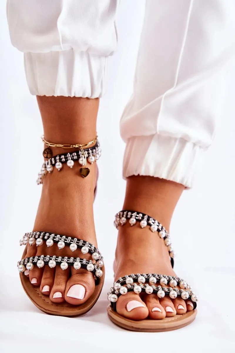 Sale Damskie Wygodne Sandały Z Ozdobami Czarne Nell Damskie Sandały Płaskie