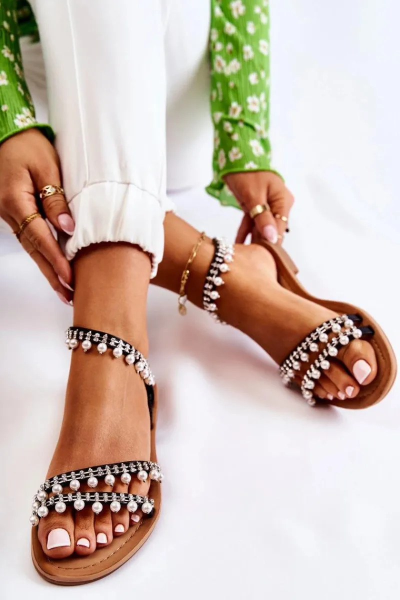 Sale Damskie Wygodne Sandały Z Ozdobami Czarne Nell Damskie Sandały Płaskie