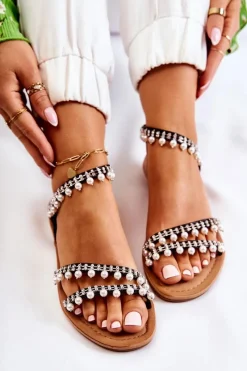 Sale Damskie Wygodne Sandały Z Ozdobami Czarne Nell Damskie Sandały Płaskie