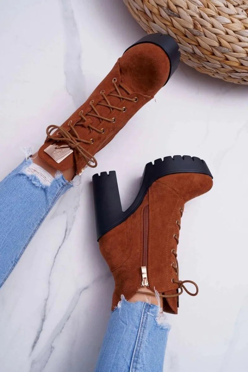 Botki Sznurowane|Botki Na Słupku>Boto Damskie Wysokie Botki Camel Zamszowe Grunge Midow