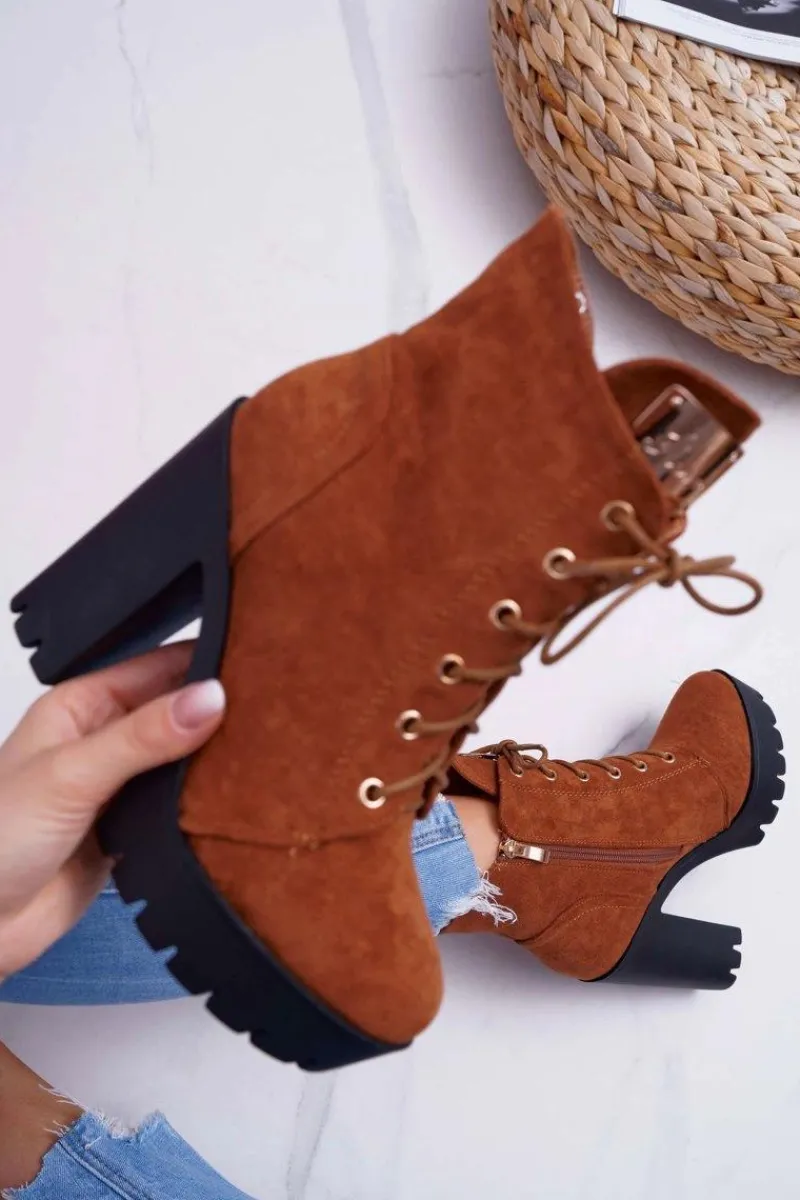 Botki Sznurowane|Botki Na Słupku>Boto Damskie Wysokie Botki Camel Zamszowe Grunge Midow